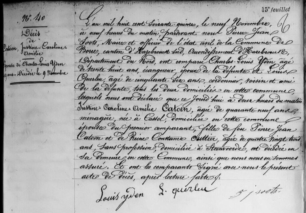 Acte de décès de Caroline déclaré par Louis Yden